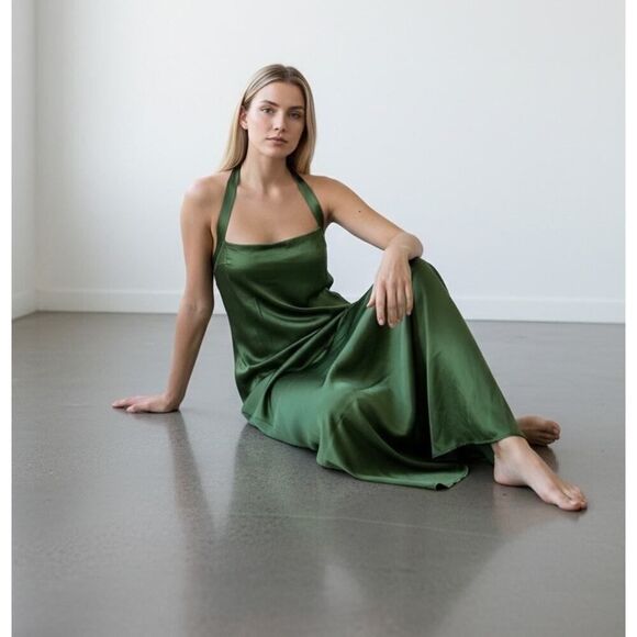 Reformation Dresses & Skirts - NWT Reformation Alli Green 100% Silk Halter Maxi Dress Size 12 Elegant Slip Gown